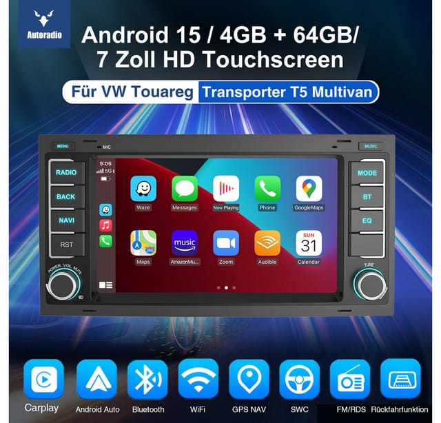 ESSGOO Für VW T5 Multivan Transporter Touareg Autoradio Android 14 Autoradio (Digitalradio (DAB), RDS, FM)