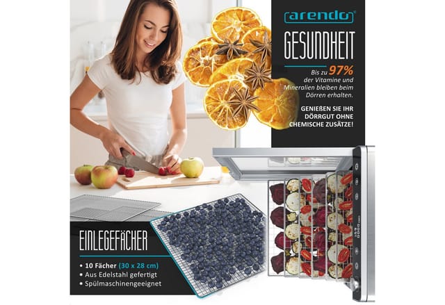 Arendo Dörrautomat Edelstahl, Temperaturregler von 30° bis 85°C, Dörrgerät, Dehydrator 800 W, 10 Etagen, Obst, Fisch, Fleisch Dörrapparat, Obsttrockner, Timer 0,5-24 Stunden