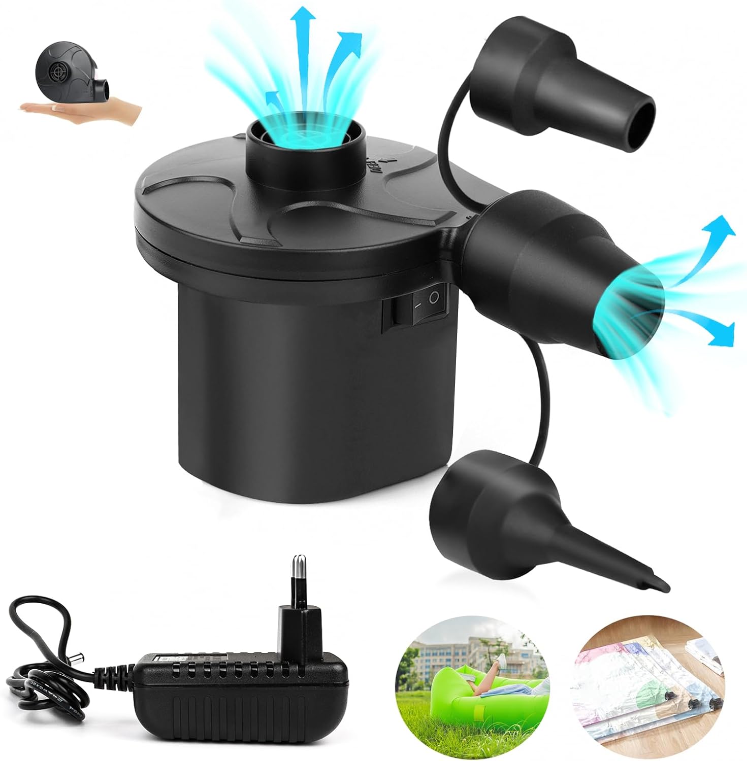 Apex Elektrische Luftpumpe Mit 3 Düsen Für Vakuumschlafsäcke, Matratzen Und Aufblasbare Pools.