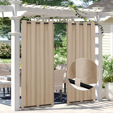 Wasserdichter Outdoor-vorhang In Leinenoptik Mit Ösen Und Schlaufen, Für Terrasse Und Pergola, Beige