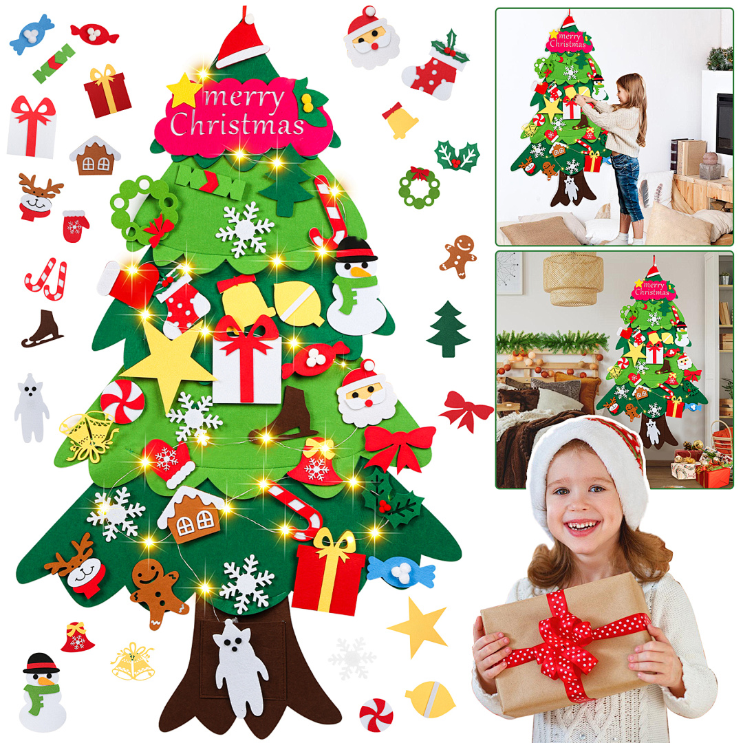 Randaco Künstlicher 3d-weihnachtsbaum Aus Filz, Diy-dekoration Mit 33 Ornamenten, 1,05 M, Für Kinder Und Kleinkinder, Für Haustür, Fenster, Wand