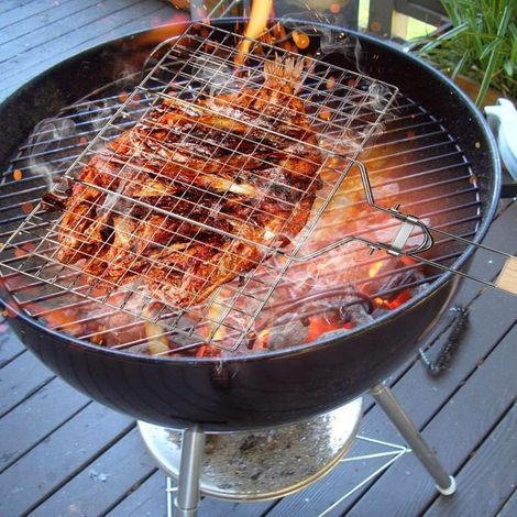 Apex Doppelter Rechteckiger Grillrost 34x22 Cm Aus Verchromtem Stahl Mit Holzgriff – Perfekt Für Kontrolliertes Grillen