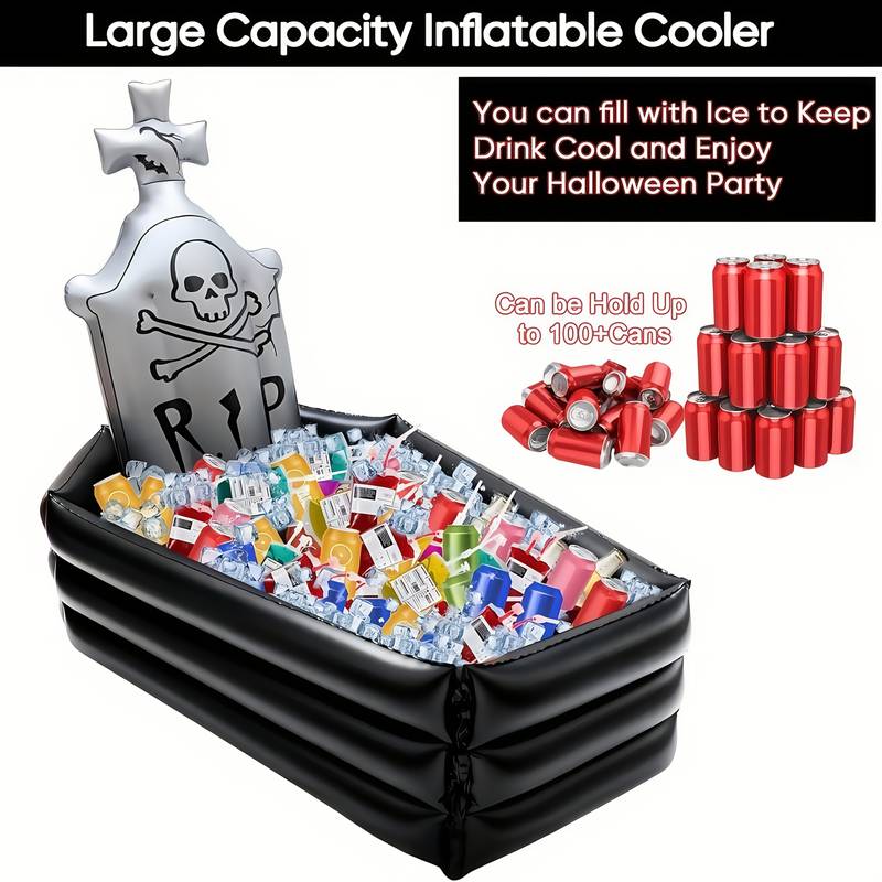 Aufblasbare, Grabsteinförmige Kühlbox Aus Pvc, Ideal Für Partys. Bietet Platz Für Mehr Als 12 Flaschen Und Eignet Sich Für Anlässe Wie Halloween, Weihnachten, Grillpartys Und Spieleabende.