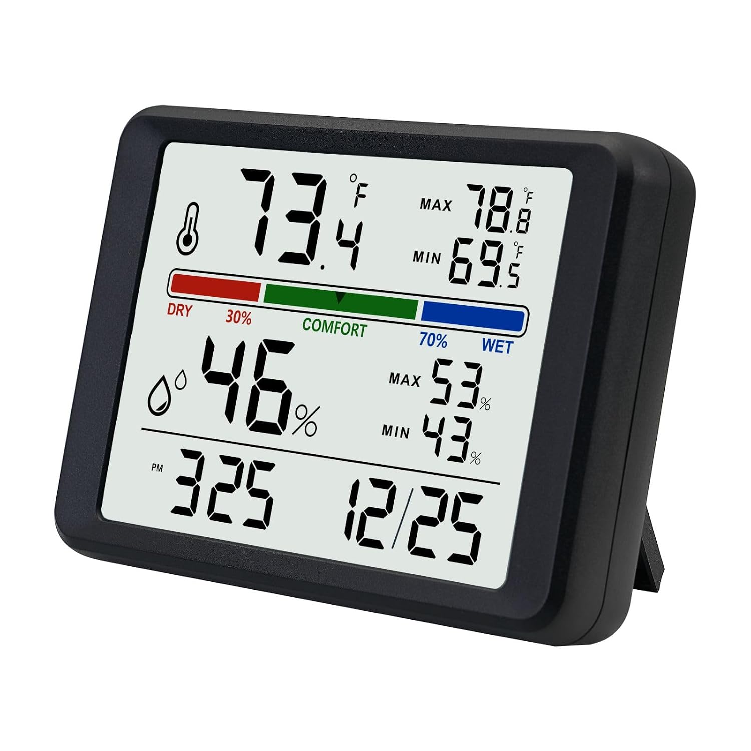 Wandthermometer Für Den Innenbereich Mit Hintergrundbeleuchtung, Digitalem Wecker, Datumsanzeige, Luftkomfortanzeige Und Funktion Zur Aufzeichnung Von Maximal- Und Minimaltemperaturen Auch Für Den Hei