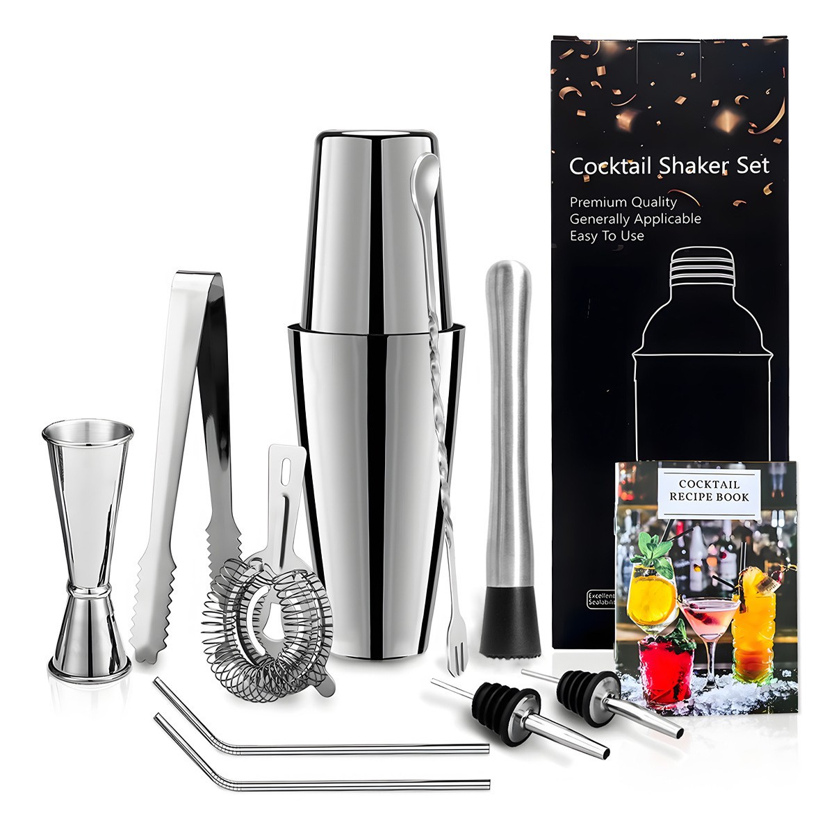 10-teiliges Cocktail- Und Barzubehörset, Inklusive 750-ml-shaker – Edelstahl, Silber