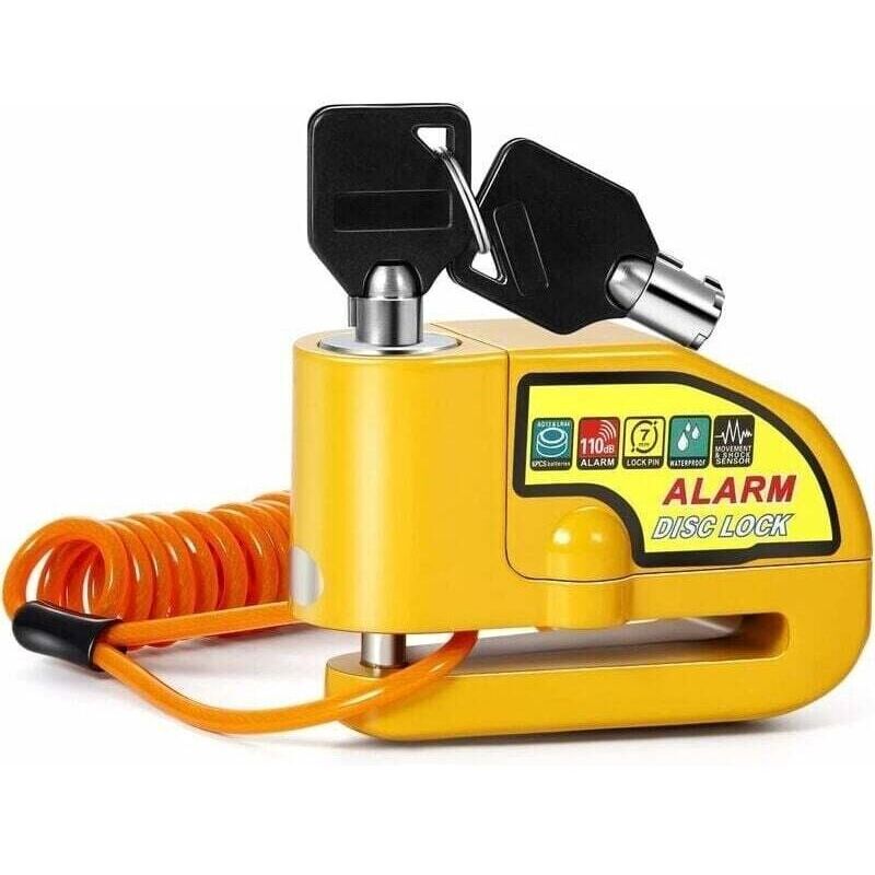 Bloc Disque Alarme Antivol Moto Bloque Disque Scooter Disc Lock Mit 110db Alarm, 2 Schlüssel, 1,5m Diebstahlschutzkabel, 1 Tasche Für Motorrad-/roller-/scooter-scheibenbremsenschloss (gelb)