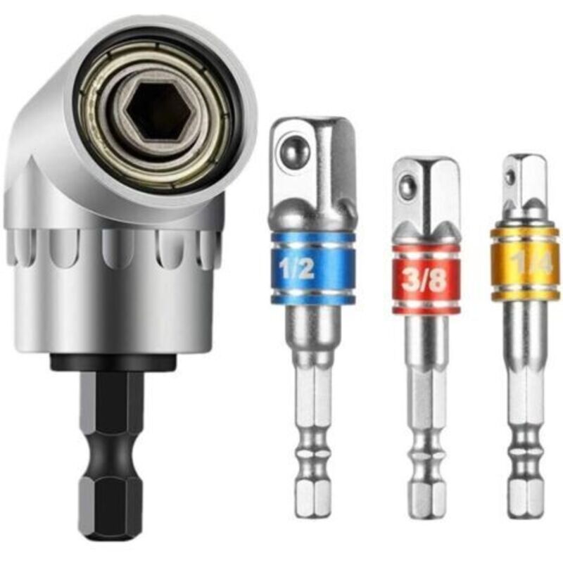 1 Stück Rechtwinkelbohrer Und 3 Stück Adapterhülsen-set 1/2" 3/8" 1/4", 105-grad-winkelvorsatz Mit Magnet, Schnellwechsel, Für Elektrische Bohrmaschine