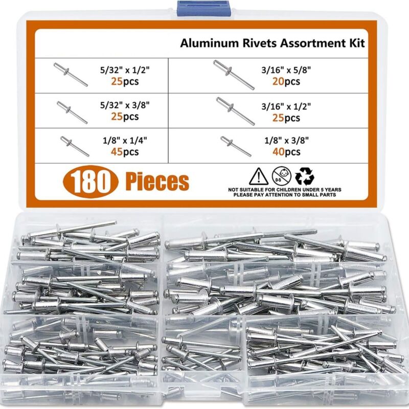Sortiment Aus 180 Aluminium-blindnieten Mit Rundem Kopf, Aluminiumkörper, 6 Größen