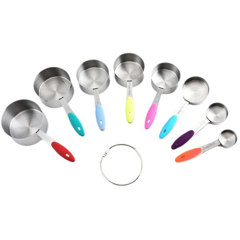 Satz Aus 8 Bunten Edelstahl-messbechern Für Gramm Und Milliliter, Ideal Zum Backen.