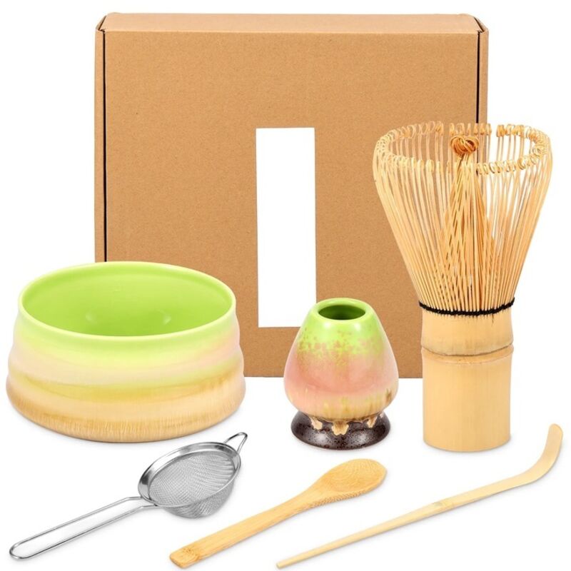 Ensemble Matcha, 7-teilig, Mehrfarbig, Handgefertigte Schalen, Bambus- Und Keramikutensilien, Komplettes Zeremonie-set.
