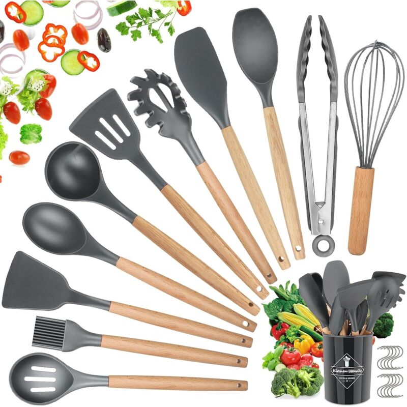 Silikon-küchenutensilien, 22-teiliges Bpa-freies Küchenzubehör-set, Kit Aus Silikon- Und Holz-küchenutensilien, Antihaft-küchenutensilien-set Mit Aufbewahrungsbehälter, Grau 01