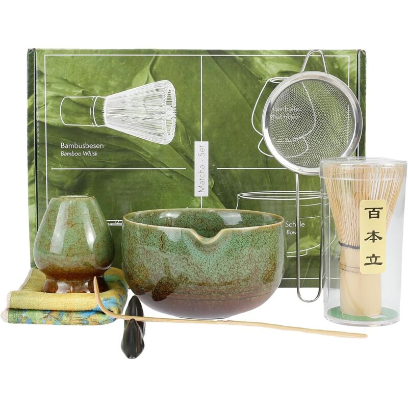 Ensemble Matcha Aus Japan, 8-teilig – Blaue Schale Mit Ausguss, Handgefertigte Keramik Und Bambusbesen