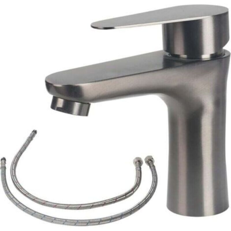 304 Edelstahl Waschtischmischer, Badezimmerarmatur Mit Schlauch, Spülenarmatur Mit Installationszubehör, Handseife Warm- Und Kaltwasser (grau)