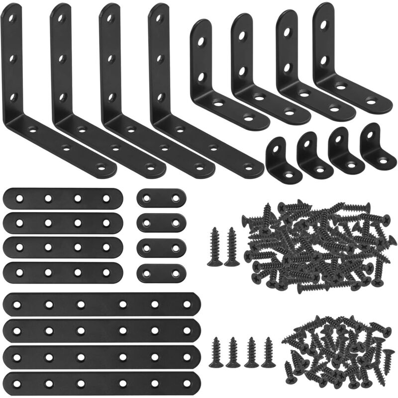 Satz Von 134 Schwarzen Winkelverbindern, 24 L-förmige Halterungen Und Flache Metallhalterungen Mit 110 Schrauben Für Holzstühle, Bücherregale, Bretter, Fenster Und Möbel