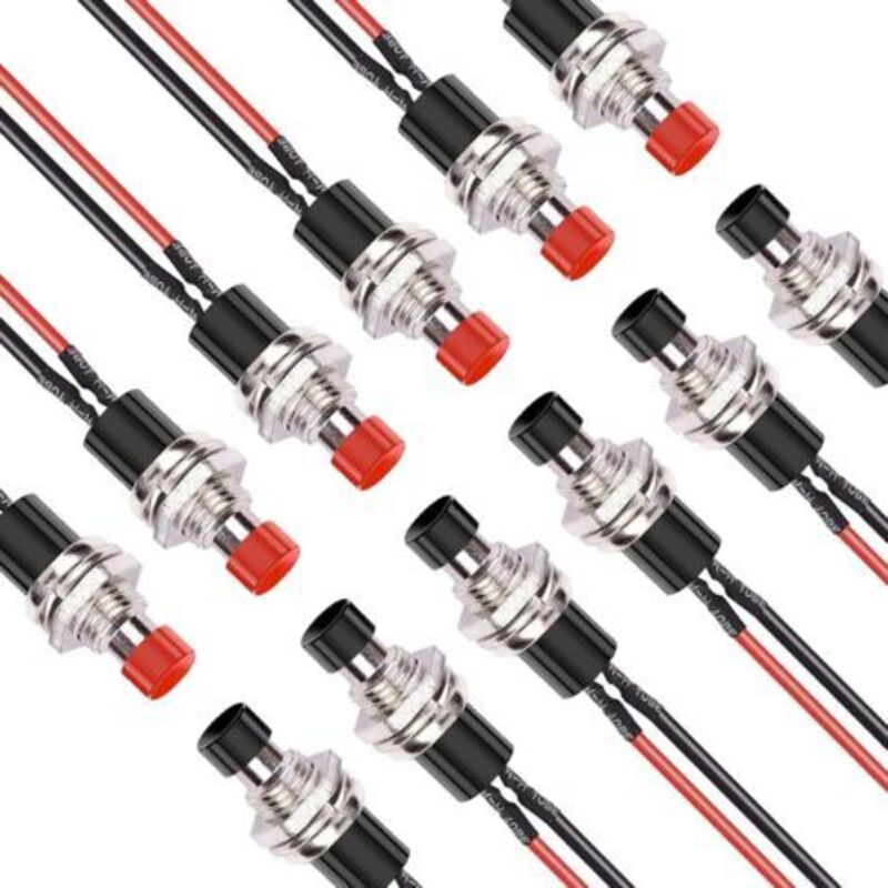 Runder, Momentaner 2-poliger Drucktastenschalter, Vorgelötet, 7 Mm, Spst, Normal Offen, Rot Und Schwarz (12er-pack)