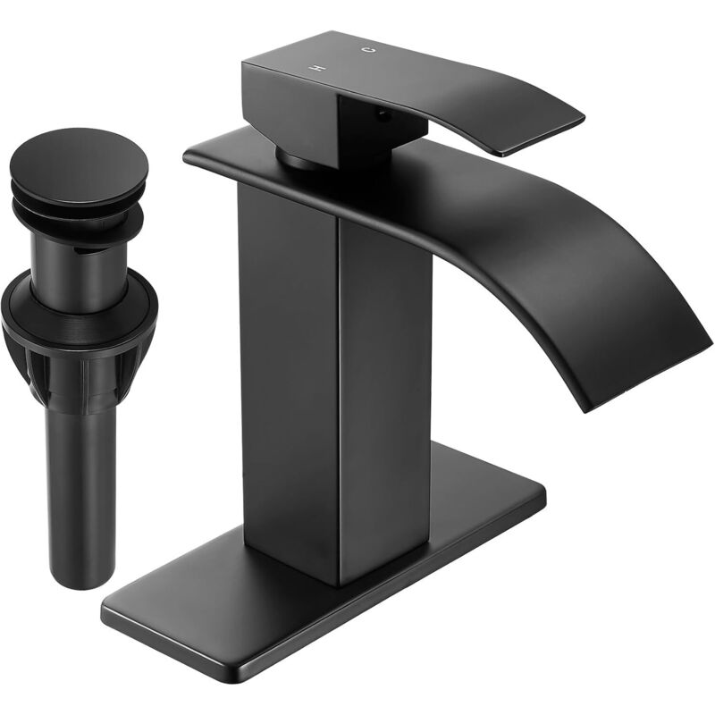Schwarzer Wasserhahn Im Kaskadenstil Für Das Badezimmer, Mit Einhebelbedienung, Geeignet Für Waschbecken, Inklusive Basis Und Automatischem Ablaufventil.