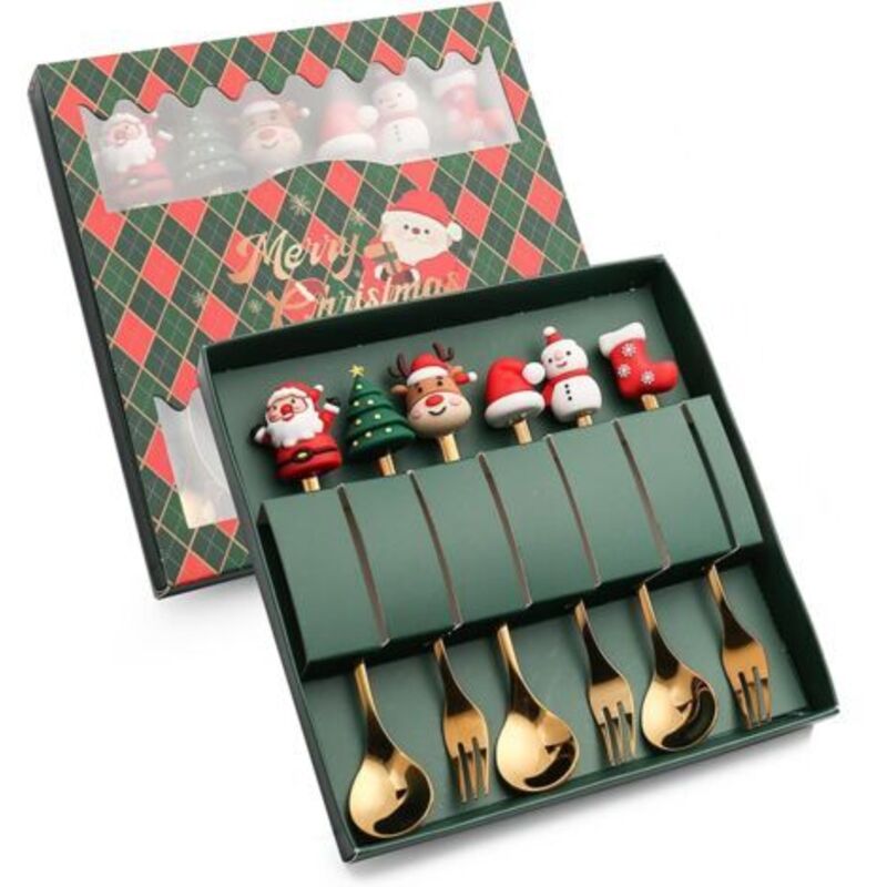 Set Aus 6 Weihnachts-kaffeelöffeln Aus Edelstahl, Weihnachts-dessertlöffel, Kaffeelöffel, Rührlöffel, Weihnachtsbesteck Mit Geschenkbox, 3 Löffel Und Gabel