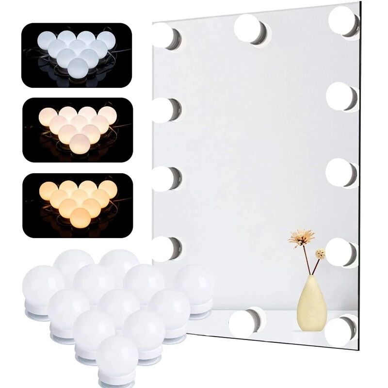 Lumière De Miroir, 12 Hollywood-glühbirnen Led-beleuchtungsset Für Kosmetikspiegel, Dimmbar, 3 Farbtemperaturen, 10 Helligkeitsstufen, Mit Adapter (spiegel Nicht Enthalten) [energieklasse
