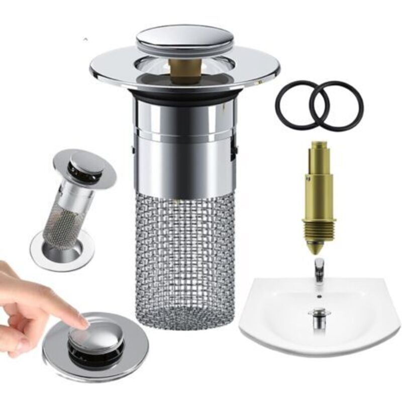 Universelle Waschbeckensiphon, Pop-up Abflussstopfen Universal, Waschbeckenablauf Mit Siebkorb Für Küche, Badezimmer Und Balkon (34-40mm)