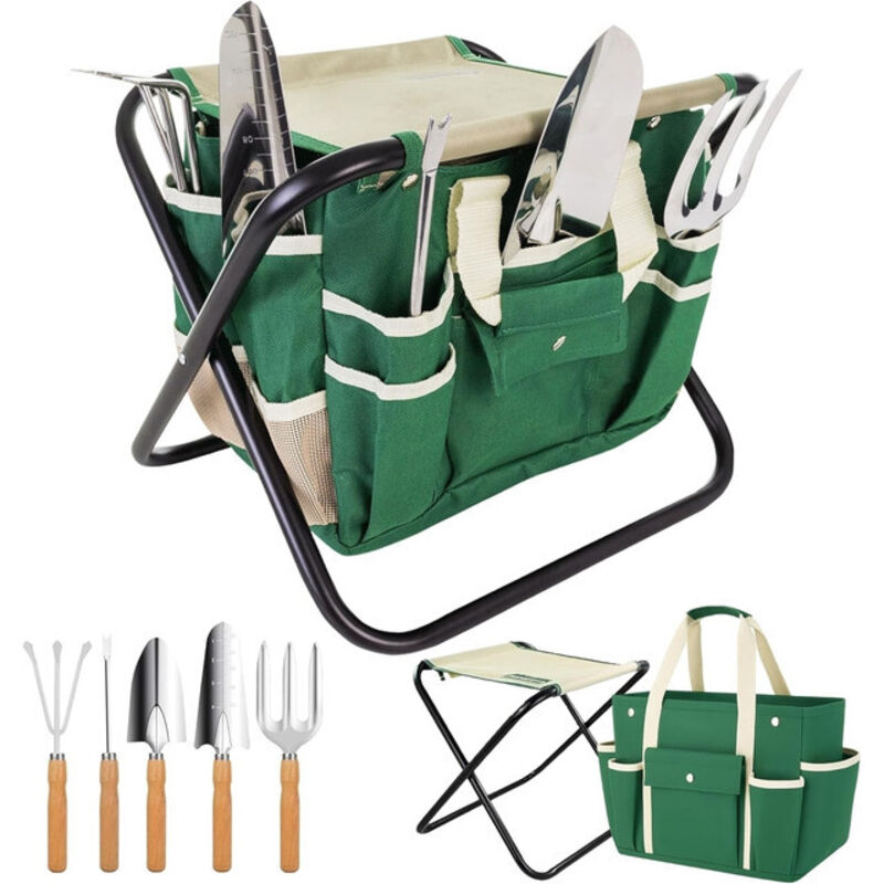 7-teiliges Gartenwerkzeug-set – Werkzeuge Aus Edelstahl Mit Holzgriffen, Klappbarer Hocker Und Tragetasche Aus Segeltuch, Langlebiges Gartenkit Für Frauen Und Anfänger.