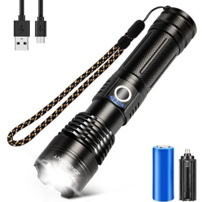 Led-taschenlampe, Wiederaufladbare Taschenlampe, Zoombar, Lange Akkulaufzeit, Ip68 Wasserdicht Und 5 Betriebsmodi Für