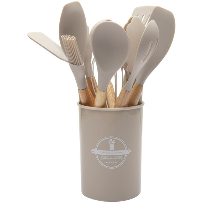 12-teiliges Kochgeschirr-set – Silikon-küchenutensilien Mit Holzgriffen – Antihaftbeschichtung – Khaki