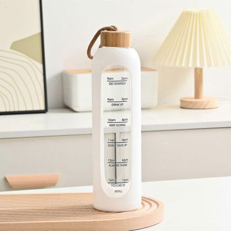 Wasserflasche Aus Glas Mit Silikonhülle Und Stundenmarkierungen. Klares Borosilikatglas. Behalten Sie Ihre Tägliche Wasseraufnahme Im Blick. 1 Liter – Weiß