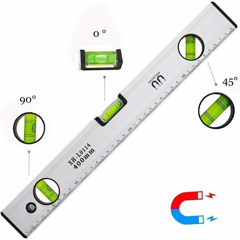 40 Cm Wasserwaage. Magnetische Wasserwaage Mit 3 Hochsichtbaren Libellen, Aluminiumgehäuse. Robuste Endkappen Für Horizontale, Vertikale Und 45°-messungen. Genauigkeit +/- 0,5 Mm – Integriertes Lineal
