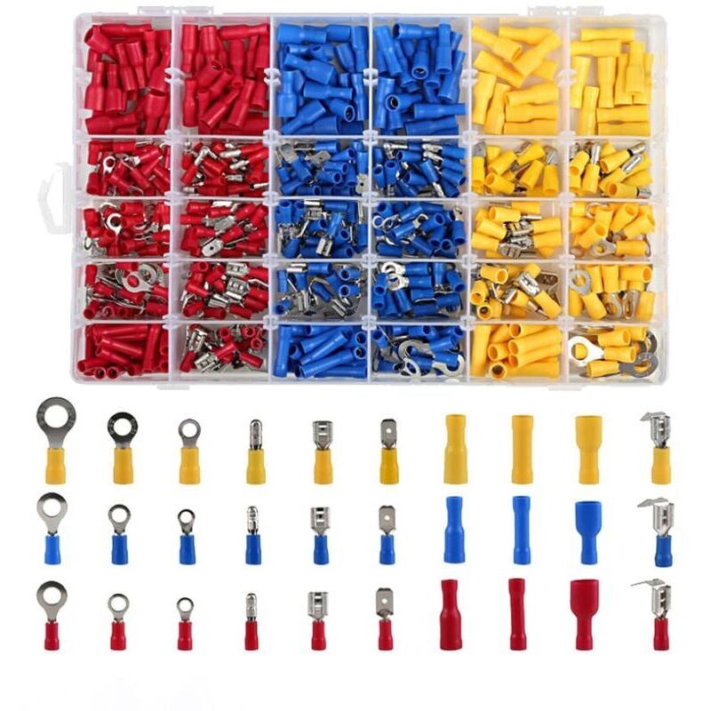 480-teiliges Set Elektrischer Kabelschuhe – Verschiedene Typen: Rund, Flache Buchsen Und Stecker, Ösen, Zylindrisch – Verzinntes Kupfer Und Pvc – Für Die Automobilverkabelung