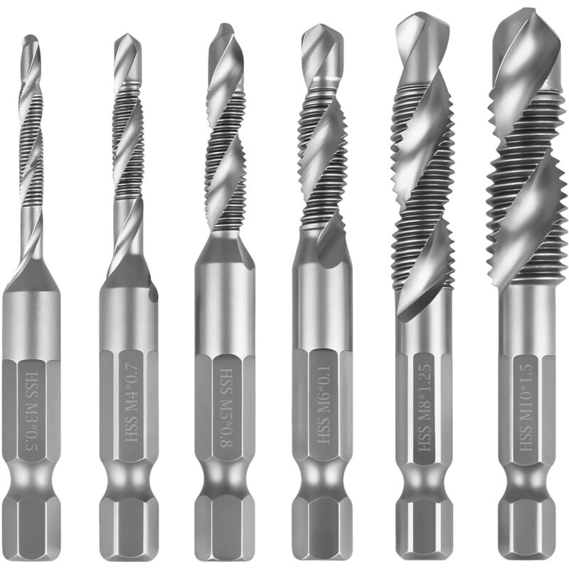 6-teiliges Set Aus Kombinierten Bohr- Und Gewindebohrern, M3, M4, M5, M6, M8, M10, Mit 6 Mm Sechskantschaft, Zum Bohren Und Gewindeschneiden Geeignet, Vielseitiges Werkzeug, Mit Silberner Rostfreier B