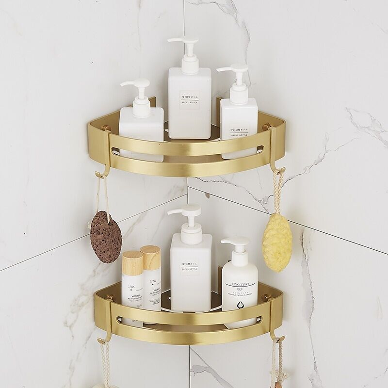 Bohrfreie Duschablage, Eckregal Für Badezimmer, Badregal Mit 4 Haken, Rostfreies Metall-duschkorb, Selbstklebendes Wandregal (sandgold Glänzend, 2 Ebenen)