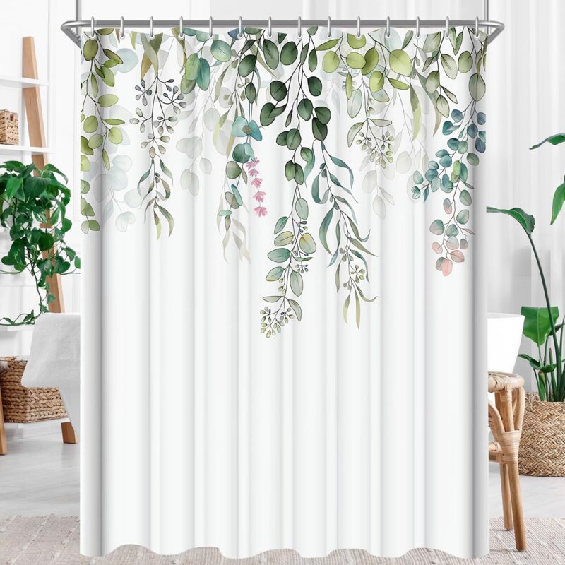 Duschvorhang 180 X 180 Cm, Grünes Blättermuster, Schimmelresistenter Stoff, Wasserdicht, Waschbar, Aus Polyestergewebe, Mit Ösen Und 12 Duschvorhangringen, Für Badezimmer