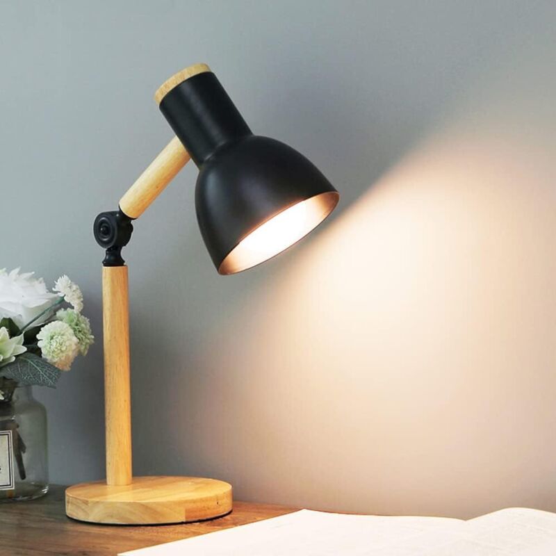 Drehbare Holz-schreibtischlampe - E27-fassung - Metall-lampenschirm - Retro-tischlampe Mit Verstellbarem Gelenkarm - Vintage-nachttischlampe - Studierlampe - Lampen-schwarz [energieeffizienzklasse A++