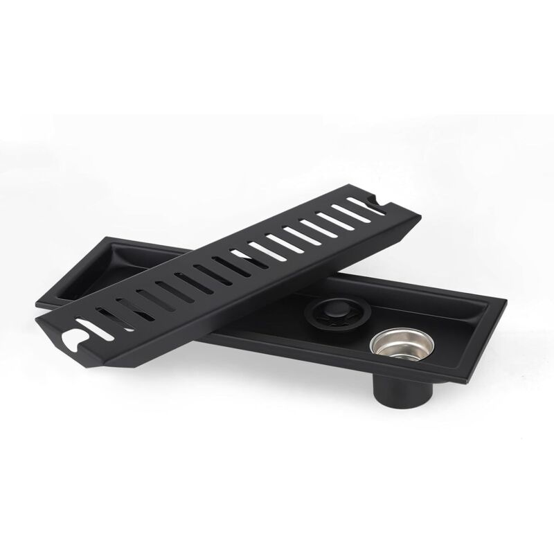 Rechteckiger Bodensiphon, 30x10 Cm Gitter Links Gegen Haare, Schwarzer Duschablauf Mit Doppel Filter, Abnehmbarer Geruchsneutraler Duschstopfen (seitlich)
