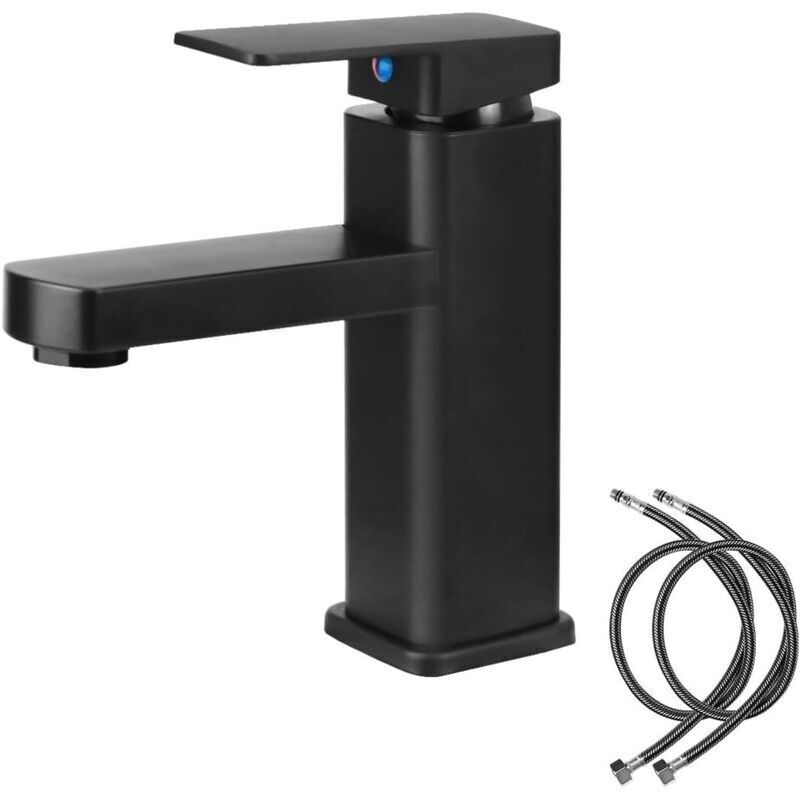 Schwarzer Waschbeckenmischer. Einhebelmischer Aus Legierung Mit Kalt- Und Warmwasseranschluss. Waschbeckenarmatur Mit Zwei Schläuchen. Für Die Toilette