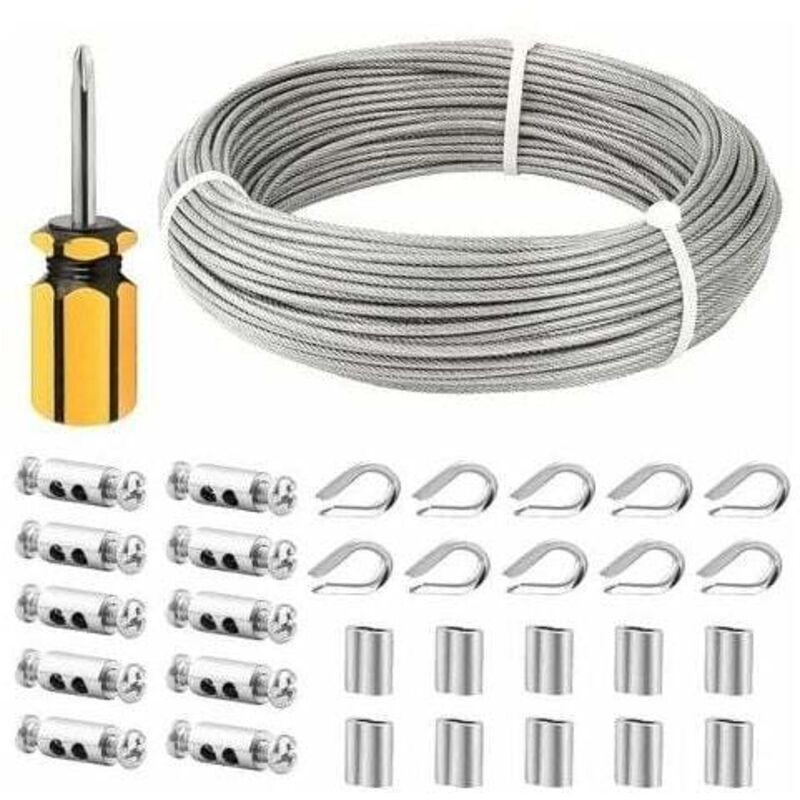 Edelstahlseil 3mm, 50m / 3mm Stahlseil Mit Ummantelung Und Seilklemmen. M3 Hülsen, Edelstahl-kabelschuhe. 3mm Metallseil Für Wäscheleine, Absturzsicherungsseil.