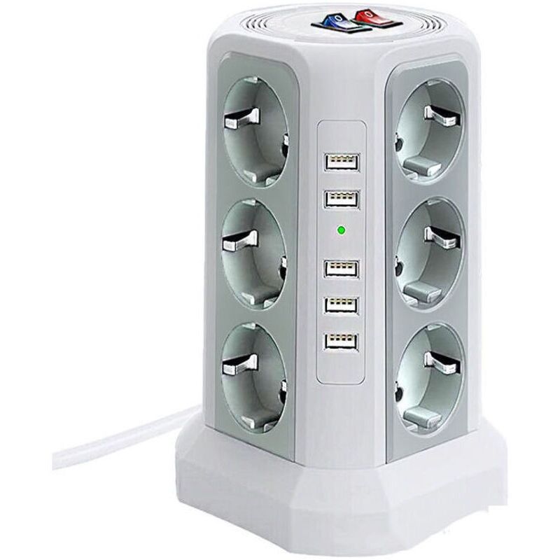Mehrfachsteckdose Mit Überspannungsschutz Und Blitzschutz. Elektrische Steckdosenleiste Mit 5 Usb-anschlüssen Und 12 Steckplätzen. Steckdosenleiste Mit 3 Schaltern. Weiß