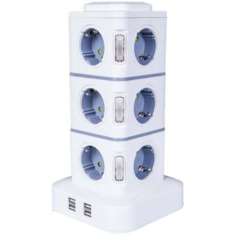 Turm-steckdosenleiste. 12-fach Steckdosenleiste (2500 W / 10 A) Mit 4 Usb-anschlüssen. Vertikale Mehrfachsteckdose Mit Überspannungsschutz