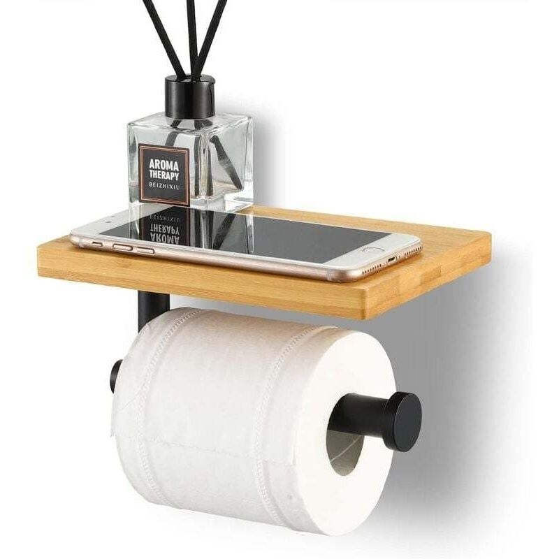Wandmontierte Toilettenpapierhalter Aus Mattem Schwarzem Edelstahl Sus304 – Regal Aus Natürlichem Bambus – Für Große Rollen