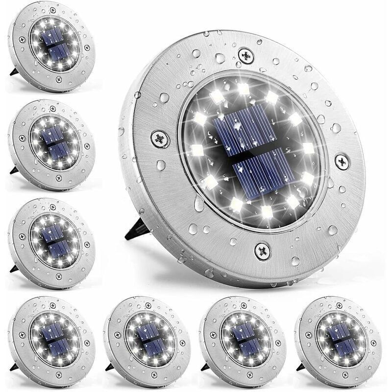 Solarleuchte Mit 12 Leds, 8er-pack Bodeneinbauleuchten Aus Weißem Edelstahl, Wasserdicht Für Außenbereich, Garten, Terrasse, Rasen, Hof Und Gehweg [energieeffizienzklasse A+++]