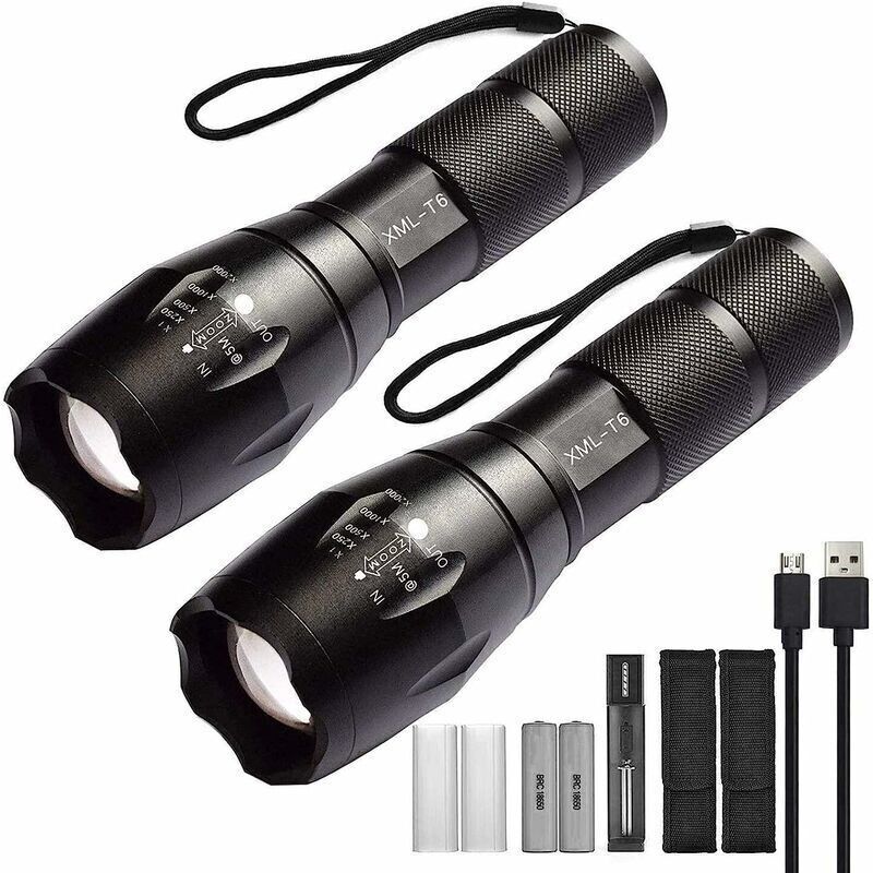 2er-set Hochleistungs-led-taschenlampen Mit 2 Wiederaufladbaren 18650-akkus. Taktische Taschenlampe Mit Usb-ladegerät
