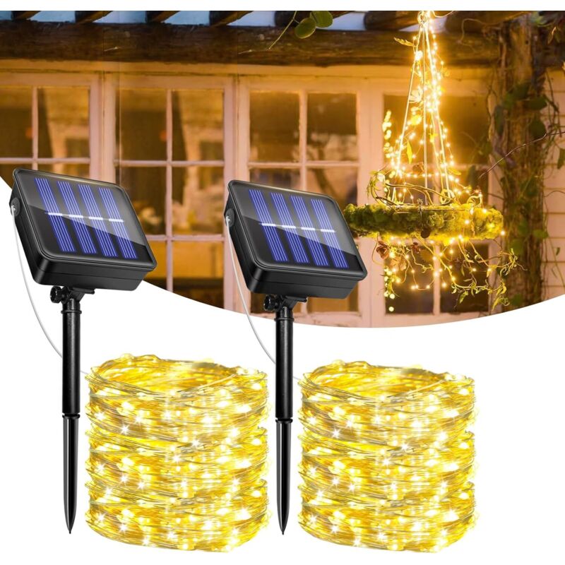 2er-set Solar-lichterkette Für Außen, 12 M 120 Leds, Wasserdicht, 8 Modi, Dekoration Für Innen- Und Außenbereich, Garten, Tanne, Terrasse (warmweiß) [energieeffizienzklasse A]