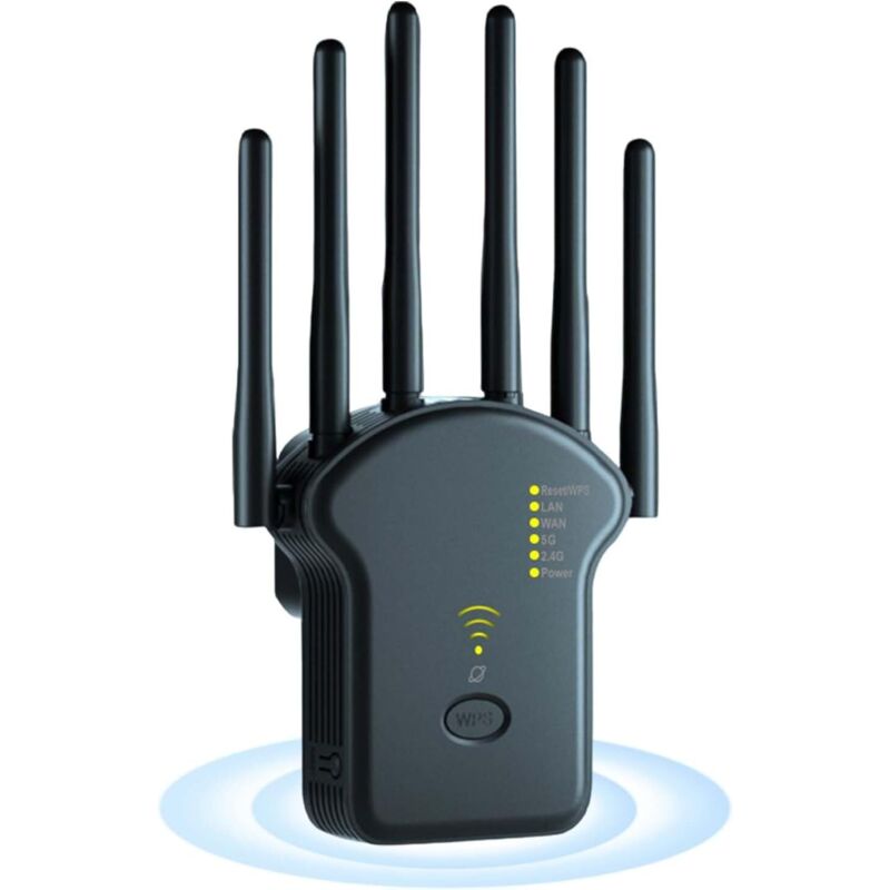 Wlan-repeater, Wifi-verstärker 1200 Mbit/s, Dualband 2,4 Ghz + 5 Ghz, Mit Repeater/router/access-point-modus, 6 Antennen, Wlan-bereichserweiterung Mit Lan/wan-anschluss (schwarz)
