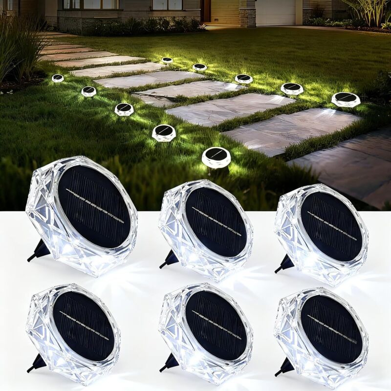 Solarleuchte Für Den Außenbereich, Im Boden Montiert, 6er-pack, Led-gartenbeleuchtung, Wasserdichte Solar-spotlights Für Outdoor, Wege, Pfade, Rasen, Terrasse Und Hof, Kaltweiß
