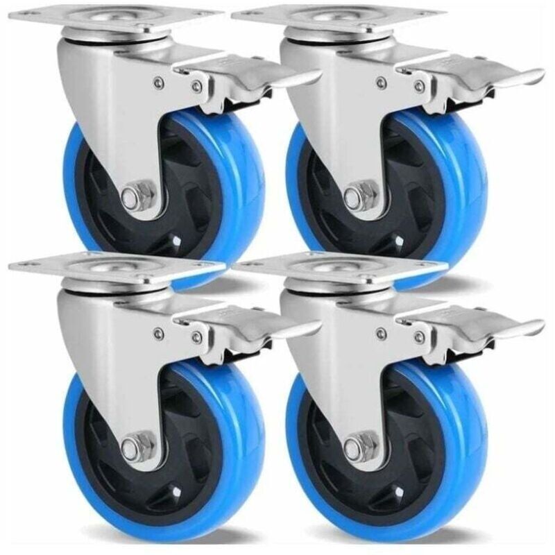 Satz Mit 4 Schwenkbaren Rollen. 100 Mm Möbelrollen. Bis Zu 600 Kg Tragfähigkeit. Schwerlastrollen Mit Bremse. 360° Drehbar. Gummirollen
