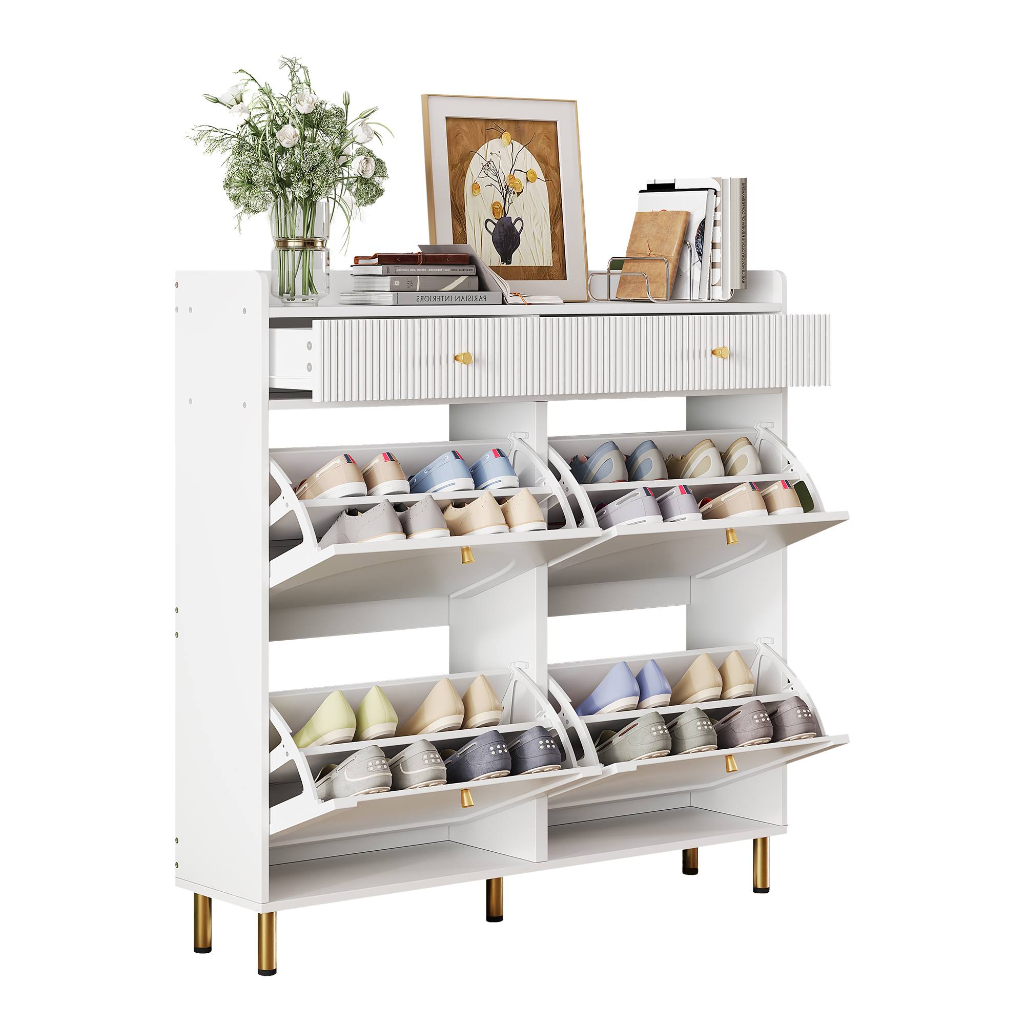 Schuhschrank Mit 4 Klappen Und 2 Schubladen, Verstellbare Trenner, Mit Kippsicherung, Aus Mdf Und Spanplatte, Weiss, 106.5 X 25 X 105.5 Cm
