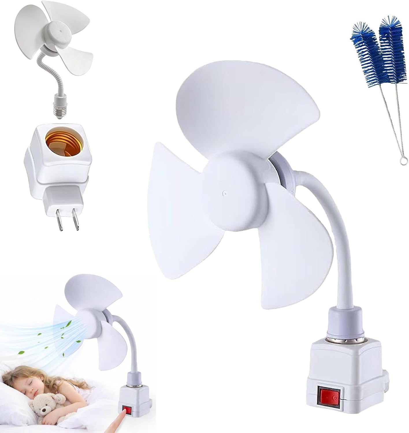 Kit Ventilateur Avec Douille E27 Et Adaptateur Secteur - Ventilateur De Bureau Flexible À Col De Cygne, Mini Ventilateur Mural Pour Salle De Bain, Cuisine, Chambre D'Étudiant