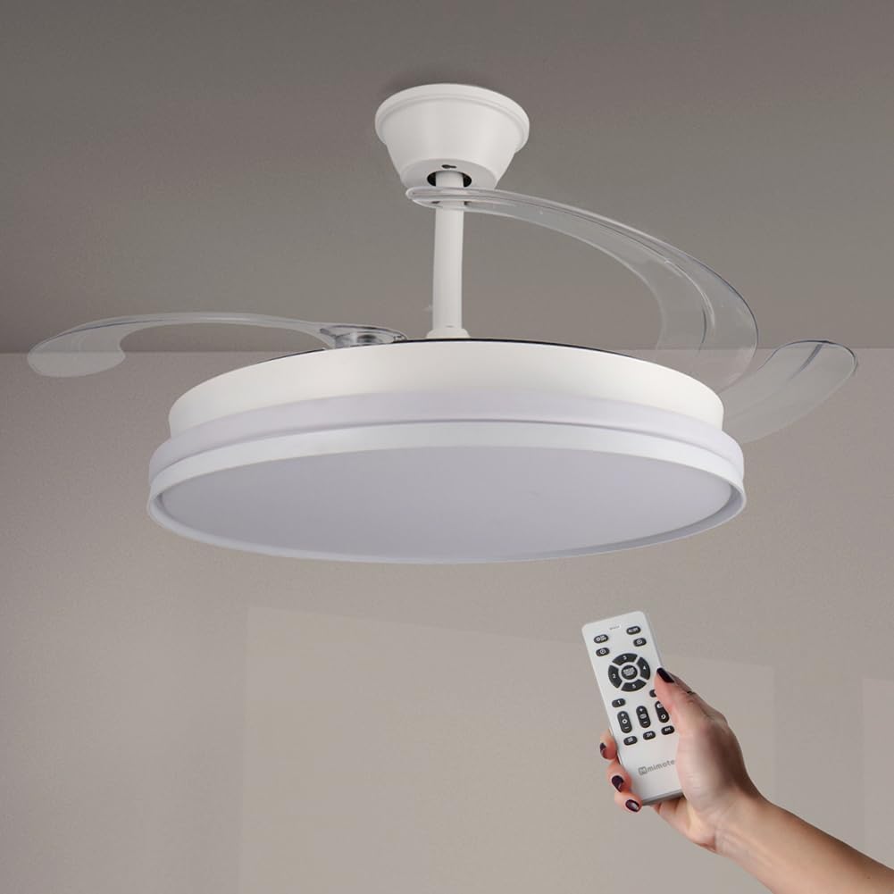 Ventilateur De Plafond White Cami Rétractable Avec Lumière Led Cct Ø107 Cm, Contrôle Par Télécommande, Silencieux, 6 Vitesses, Pales Pliables, Minuterie Et Fonction Été/hiver