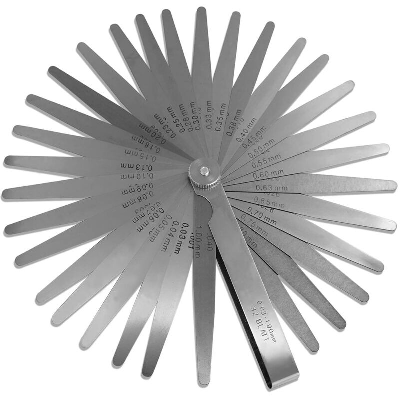 32-blättrige Fühlerlehre, 0,03–1,00 Mm / 0,001–0,04 Zoll, Aus Stahl – Messwerkzeug Mit Doppelter Skalierung (metrisch Und Imperial) Zur Messung Der Breite Oder Dicke Eines Spalts.