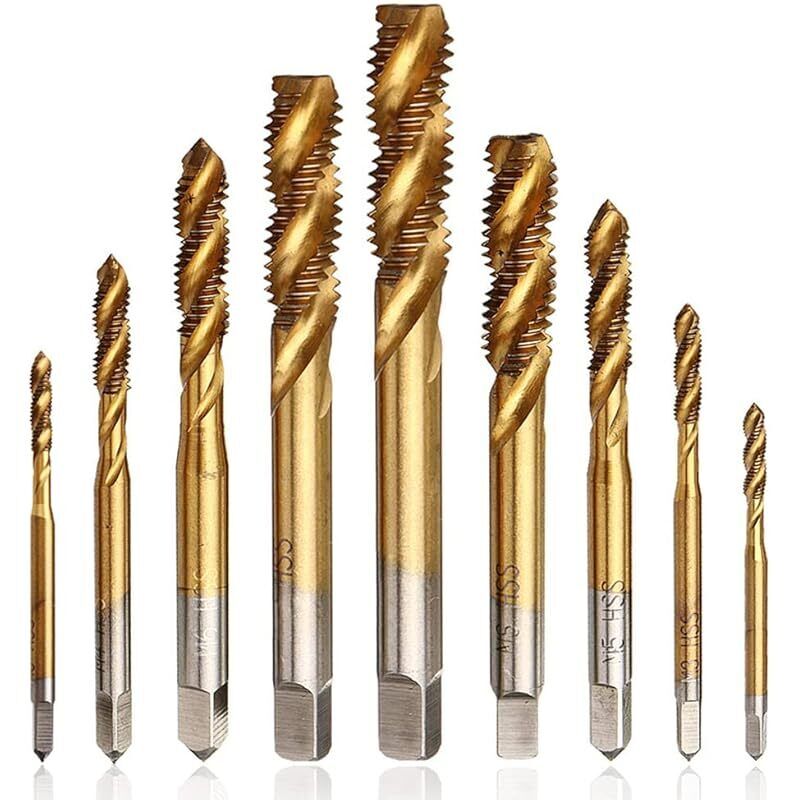 9-teiliges Set Hss-spiralgewindebohrer, Sortiertes Sortiment Mit Helix-nuten M2 M2.5 M3 M4 M5 M6 M8 M10 M12, Gewindeschneidwerkzeug Aus Schnellarbeitsstahl Mit Titanbeschichtung